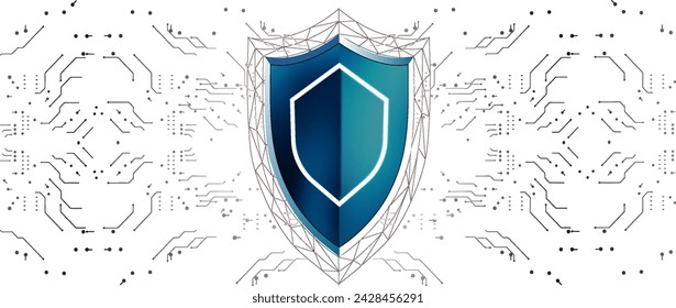 Escudo de seguridad digital futurista rodeado de circuitos complejos, ideal para conceptos de ciberseguridad y protección de datos