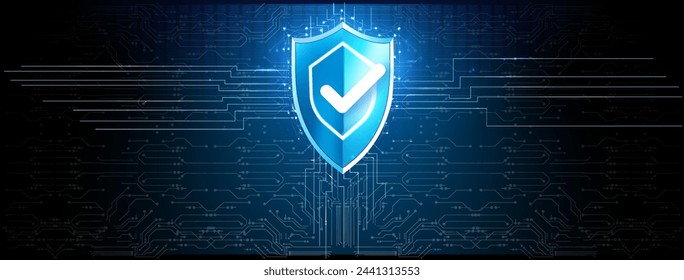Futuristic Digital Security Shield Surrounded by Complex Circuitry, Ideal for Cybersecurity and Data Protection Concepts