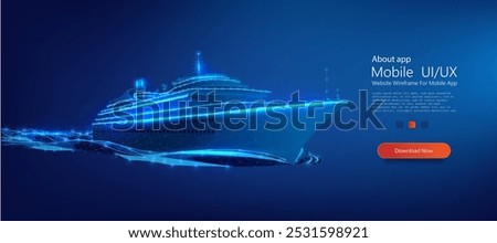 Futuristic digital ship rendered in a glowing blue wireframe style, navigating through digital waters. High-tech, polygonal maritime innovation, and virtual environments in transportation. Vector