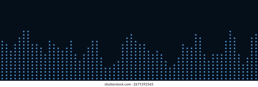 Futuristische digitale Skyline mit blauen geometrischen Mustern auf dunklem Hintergrund.