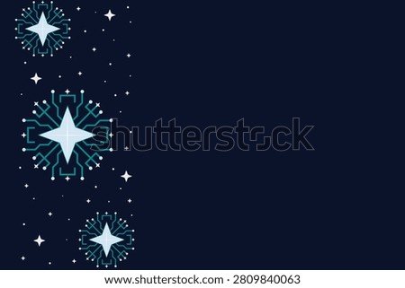 Futuristic digital snowflake side border vector template. Geometric tech winter circuit layout with empty space for presentation.