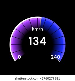 Futuristic digital speedometer dashboard showing 134 kmh with neon gradient gauge, modern HUD interface design, high tech automotive display, glowing speed indicator on dark background