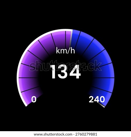 Futuristic digital speedometer dashboard showing 134 kmh with neon gradient gauge, modern HUD interface design, high tech automotive display, glowing speed indicator on dark background