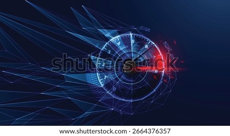 Futuristic digital speedometer with glowing lines and red needle, representing fast acceleration and advanced automotive technology.
 vector eps10
 