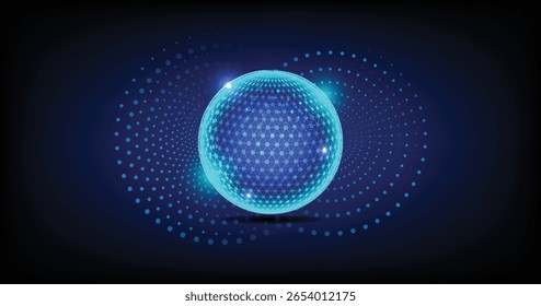 Esfera digital futurista con estructura de red de punto azul brillante sobre fondo oscuro, que representa inteligencia artificial, comunicación de datos, conectividad virtual y visualización de tecnología moderna