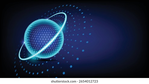 Futuristic digital sphere with glowing blue dot grid network structure on dark background, representing artificial intelligence, data communication, virtual connectivity, and modern tech visualization