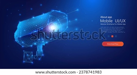 Futuristic Digital Surveillance Camera Concept with Polygonal Mesh Design and Illuminated Core on Dark Blue Background. Security system, CCTV Security concept. Vector illustration