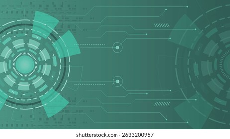 Futuristic digital tech background showing circular interface elements and connected circuit lines in green