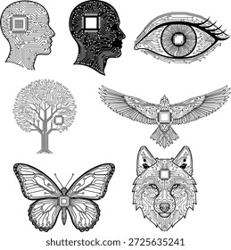 Iconos futuristas de tecnología digital con cabeza humana, Naturaleza y siluetas de animales