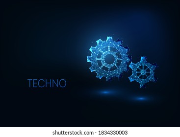 Futuristic digital technologies concept with glowing low polygonal gears isolated on dark blue background. Modern wireframe mesh design vector illustration.