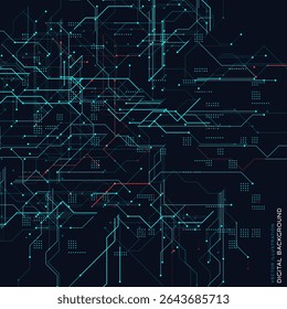Futuristic Digital Technology Background. Abstract Circuit Board Pattern With Blue Red Data Lines On Dark Grid. Perfect For AI, Innovation, Cyber Themes And Tech Presentations. Vector Illustration.