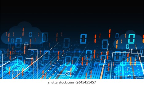 A futuristic digital technology background featuring cloud computing and big data visualization. Glowing binary code and circuit lines flow over a dark blue abstract city grid