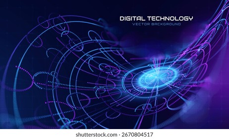 Futuristic Digital Technology Background with Glowing 3D Data Circles. Artificial Intelligence AI Network Connections. Abstract Cyber Tech Design Big Data Concept. Vector Illustration.