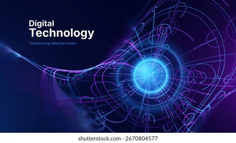 Futuristic Digital Technology Background with Glowing 3D Data Circles. Artificial Intelligence AI Network Connections. Abstract Cyber Tech Design Big Data Concept. Vector Illustration.