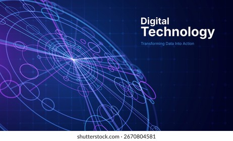 Futuristic Digital Technology Background with Glowing 3D Data Circles. Artificial Intelligence AI Network Connections. Abstract Cyber Tech Design Big Data Concept. Vector Illustration.
