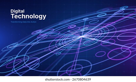 Futuristic Digital Technology Background with Glowing 3D Data Circles. Artificial Intelligence AI Network Connections. Abstract Cyber Tech Design Big Data Concept. Vector Illustration.