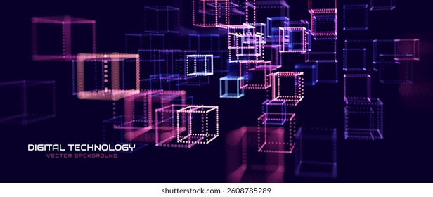 Futuristic Digital Technology Banner with Glowing 3D Dotted Cubes in Motion, Perfect for Tech Websites, Blockchain Platforms, and AI Backgrounds. Vector Illustration.
