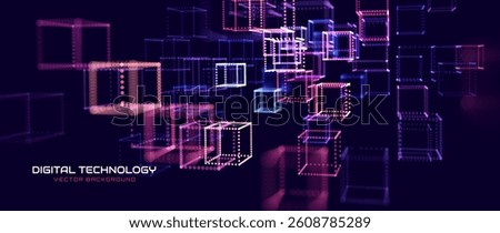 Futuristic Digital Technology Banner with Glowing 3D Dotted Cubes in Motion, Perfect for Tech Websites, Blockchain Platforms, and AI Backgrounds. Vector Illustration.