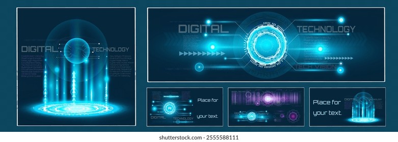 Futuristic digital technology banner set featuring holographic elements, glowing blue interfaces, HUD graphics, binary code, and abstract tech visuals. Suitable for innovation, AI, cybersecurity.