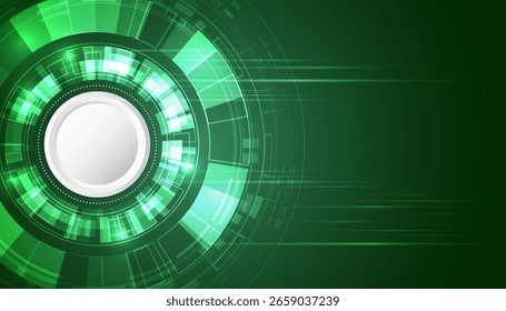 Fondo verde de tecnología digital futurista con Elementos circulares brillantes del HUD y líneas de datos. Diseño de interfaz de ciencia ficción con circuitos abstractos, perfecto para temas de alta tecnología e innovación.