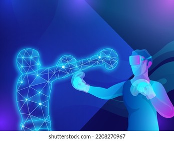 Futuristic Digital Technology, Metaverse Game Concept, 3D Man Boxing With Polygonal Human Against Blue Background.