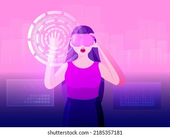 Tecnología digital futurista, metaverso, NFT, concepto de realidad virtual, muchacha joven usando VR, realismo virtual, experimentando el mundo virtual.