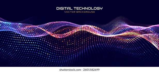 Futuristic Digital Technology Wave Background. Abstract AI Neural Network, Big Data Flow, and Cyber Concept. Glowing Pixel Dots Forming a Dynamic Wavy Grid. Innovation and Analytics. Vector.