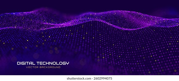 Futuristic Digital Technology Wave Background. Abstract AI Neural Network, Big Data Flow, and Cyber Concept. Glowing Pixel Dots Forming a Dynamic Wavy Grid. Innovation and Analytics. Vector.