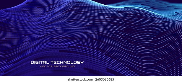 Futuristic Digital Technology Wave Background. Abstract AI Neural Network, Big Data Flow, and Cyber Concept. Glowing Pixel Dots Forming a Dynamic Wavy Grid. Innovation and Analytics. Vector.