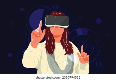 Futuristic digital technology. Woman in virtual reality concept. Connection, technology, business analysis, organization concept in cartoon. Woman using vr headset. Flat Vector Illustration