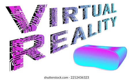 Texto digital futurista Realidad virtual con gafas en perspectiva aisladas en fondo blanco. Letras perforadas con pistas PCB. Ilustración vectorial.