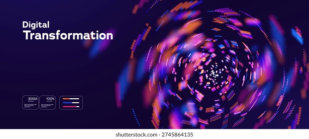 Futuristic Digital Transformation Concept With Neon Data Stream And Circular Particle Motion On Dark Background. Big Data Digital Technology. Innovation Strategies. Vector Illustration.