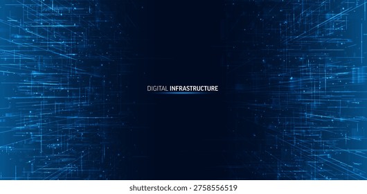 Futuristic digital tunnel with data lines. AI network infrastructure, cyber technology flow, glowing connections, abstract blue vertical composition, big data concept