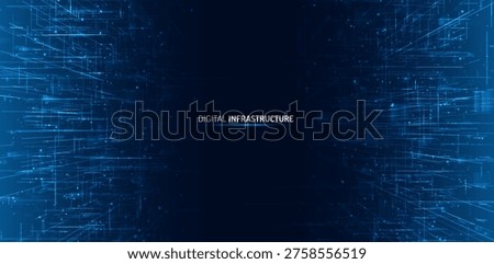 Futuristic digital tunnel with data lines. AI network infrastructure, cyber technology flow, glowing connections, abstract blue vertical composition, big data concept