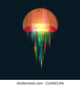 Futuristic digital vector 3d hologram jellyfish on black background. Modern illustration in tv glitch distorted style.