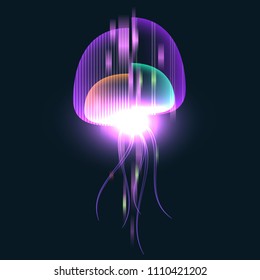 Futuristic digital vector 3d hologram jellyfish on black background. Modern illustration in tv glitch distorted style.