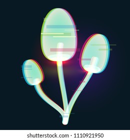Futuristic digital vector 3d hologram mushroom on black background. Modern illustration in tv glitch distorted style.
