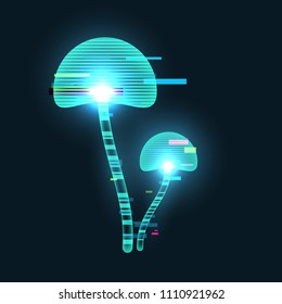 Futuristic digital vector 3d hologram mushroom on black background. Modern illustration in tv glitch distorted style.