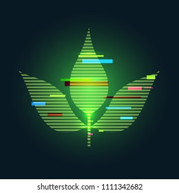 Futuristic digital vector 3d hologram leaf on black background. Modern illustration in tv glitch distorted style.