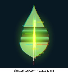Futuristic digital vector 3d hologram leaf on black background. Modern illustration in tv glitch distorted style.