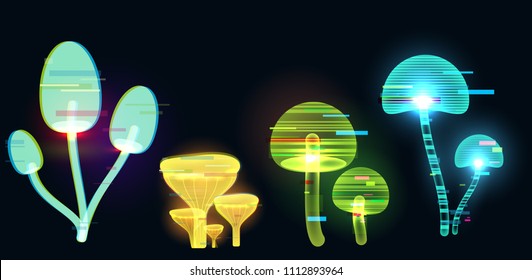 Futuristic digital vector 3d hologram mushroom on black background. Modern illustration in tv glitch distorted style.