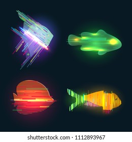 Futuristic digital vector 3d hologram fish on black background. Modern illustration in tv glitch distorted style.