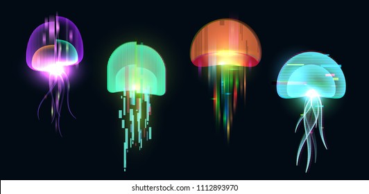 Futuristic digital vector 3d hologram jellyfish on black background. Modern illustration in tv glitch distorted style.