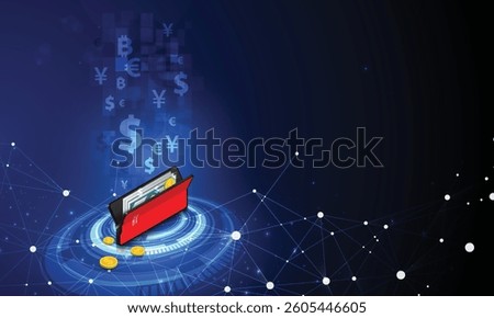 Futuristic digital wallet concept with a glowing financial interface, featuring various currency symbols such as USD, EUR, GBP, JPY, and Bitcoin. The background 