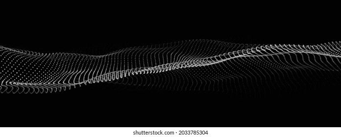 Futuristische digitale Welle. Dunkler Cyberspace. Abstrakte Vektorwelle mit Punkten. Weiße bewegliche Teilchen auf schwarzem Hintergrund.