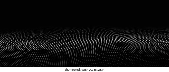 Futuristic digital wave. Dark cyberspace. Abstract vector wave with dots. White moving particles on a black background.