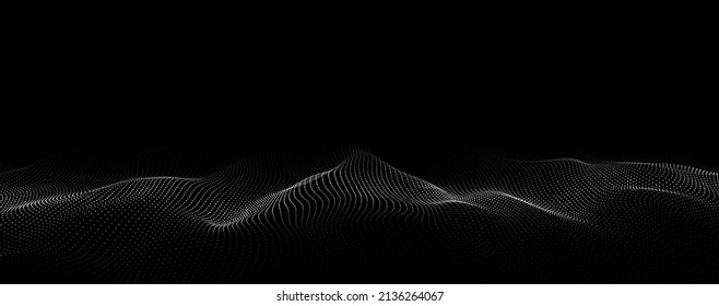 Futuristic digital wave. Dark cyberspace. Abstract vector wave with dots. White moving particles on a black background.