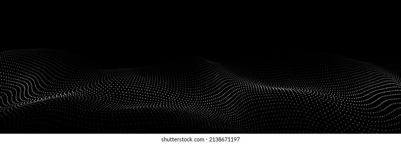 Futuristic digital wave. Dark cyberspace. Abstract vector wave with dots. White moving particles on a black background.