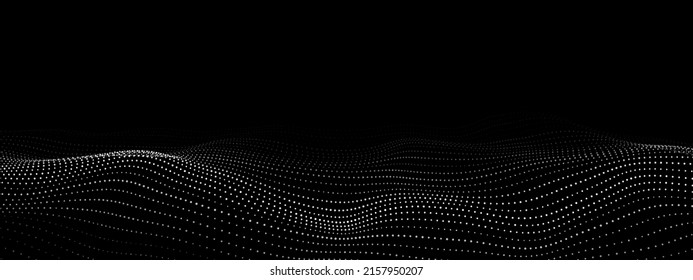 Ola digital futurista. Oscuro ciberespacio. Ola vectorial abstracta con puntos. Partículas blancas en movimiento sobre un fondo negro.