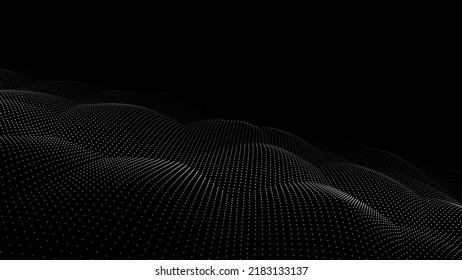 Futuristische digitale Welle. Dunkler Cyberspace. Abstrakte Vektorwelle mit Punkten und Linie. Weiße bewegliche Teilchen auf schwarzem Hintergrund.